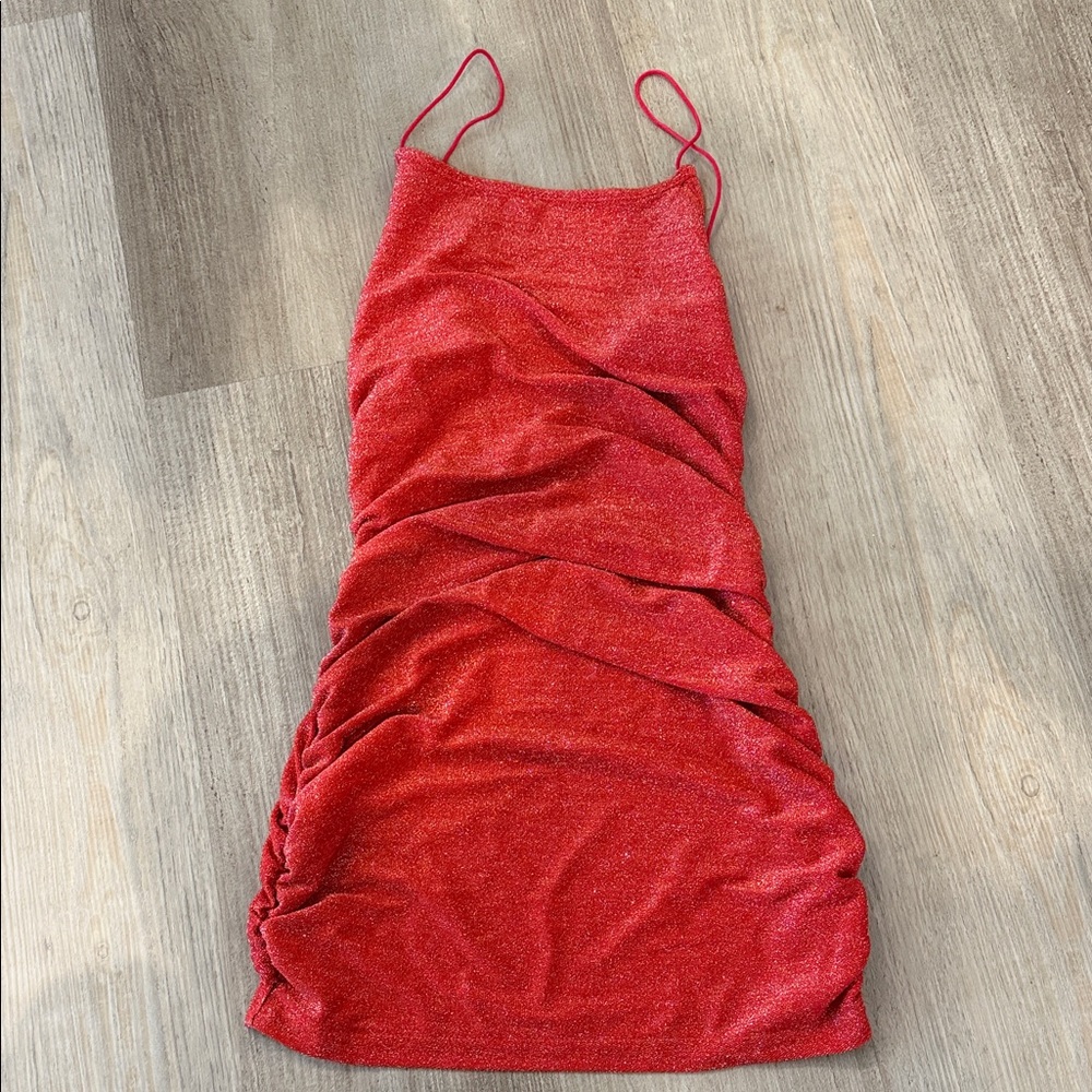 Red Sparkle Ruched Slip Dress